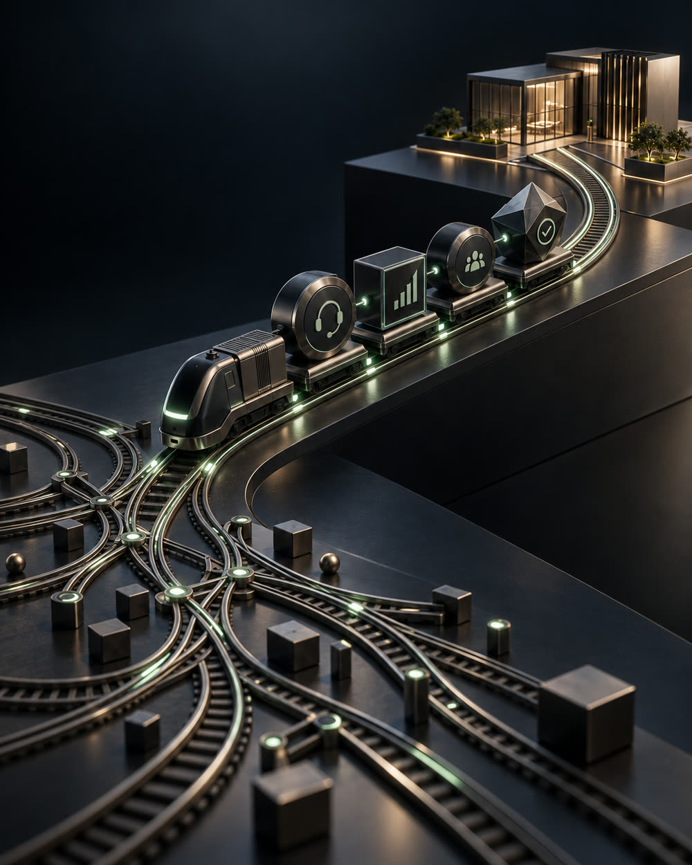 Cena 3D escura: um emaranhado de trilhos cruzados na parte de baixo se resolve em um único caminho iluminado em verde, por onde um trem sobe carregando vagões de atendimento, indicadores, clientes e aprovação até um edifício aceso no alto.