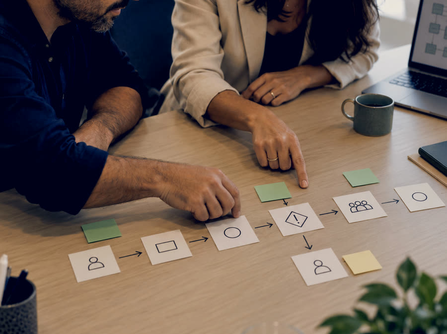 Duas pessoas sobre uma mesa de reunião montando um fluxo com cartões: entrada, verificação, decisão, repasse para uma pessoa e conclusão, ligados por setas, com post-its verdes marcando as etapas automáticas.