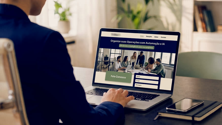 Pessoa em uma mesa de trabalho com o notebook aberto em uma landing page: título, imagem e, logo abaixo, um formulário de contato com nome, e-mail e mensagem pronto para receber o pedido.